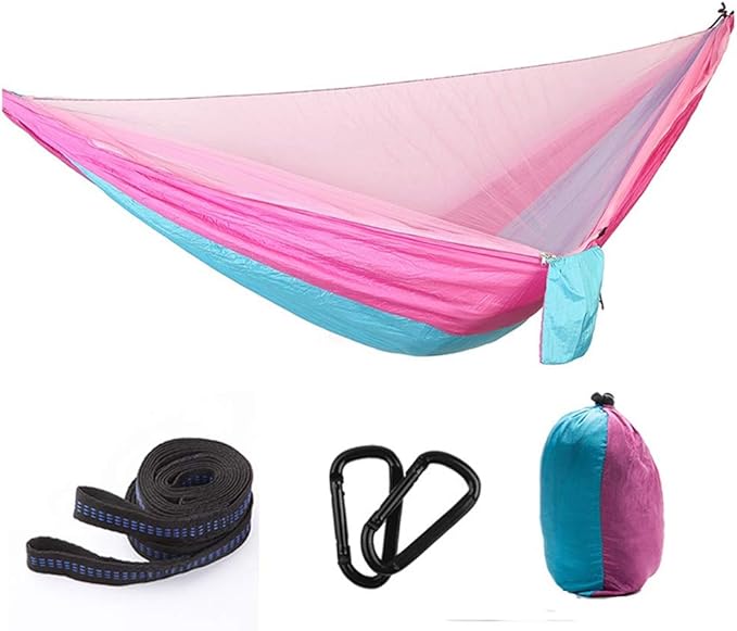 Camping Hammock, Hammock Automatic Speed Open Outdoor Leisure with Mosquito Net Single Double Ultra Light Quick-Drying Parachute Cloth Camping Swing(Rojo)
