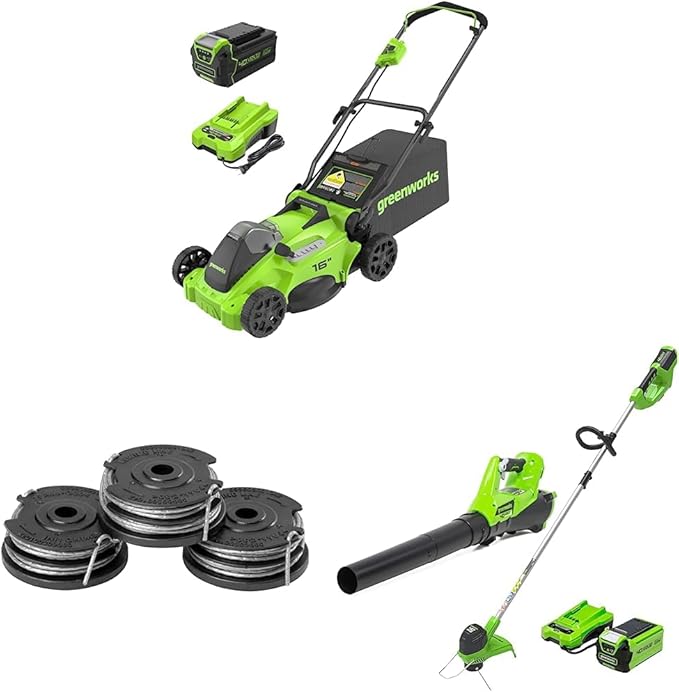 Greenworks 40V 16" TruBrushless™ Cordless Lawn Mower & 0.065" Dual Line Replacement String Trimmer Line Spool, 3 Count & 40V Cordless String Trimmer and Leaf Blower Combo Kit