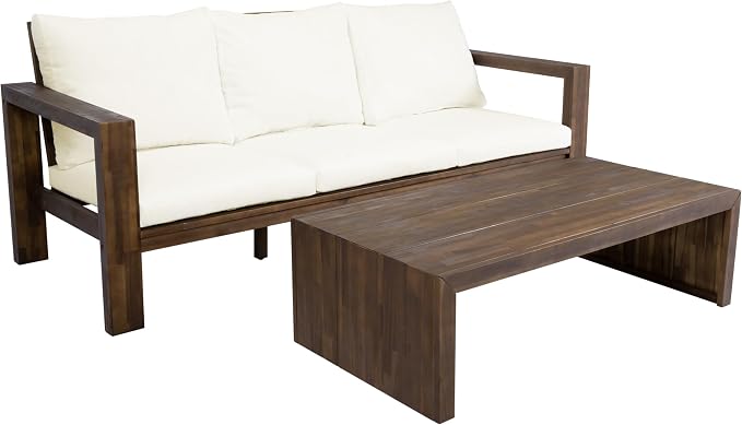 Outdoor Patio Sofa Set 3-Seater Acacia Wood Conversation Set with Cushions & Coffee Table Garden Backyard Balcony Poolside (Beige,Mocha5)
