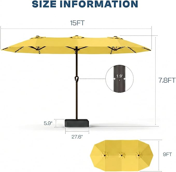 15FT Patio Umbrella with Solar Lights, Double-Sided Extra Large Outdoor Table Umbrella with Base Included, Heavy-Duty 12 Iron Ribs Market Umbrella for Garden, Pool, Backyard, Sunshine Yellow