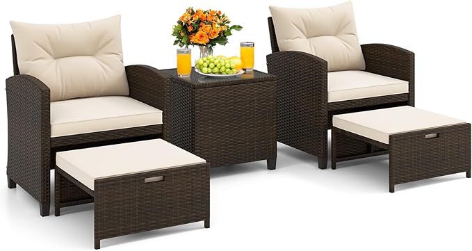 KOTEK 5 Pieces Patio Furniture Set with Ottomans, Wicker Patio Conversation Set with Coffee Table & Cushions, PE Rattan Outdoor Lounge Chairs for Backyard, Porch, Poolside (Mix Brown- Off White)