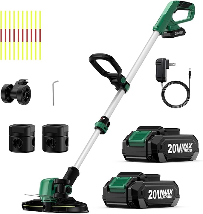 KIMO Cordless Weed Wacker Battery Operated w/ 2 x 2.0Ah Batteries, 12" Weed Eater w/10Pcs Dual-Sided Cutting Lines & Rapid Reload, 2-in-1 String Trimmer & Edger with Wheels, 20V Grass Trimmer for Lawn