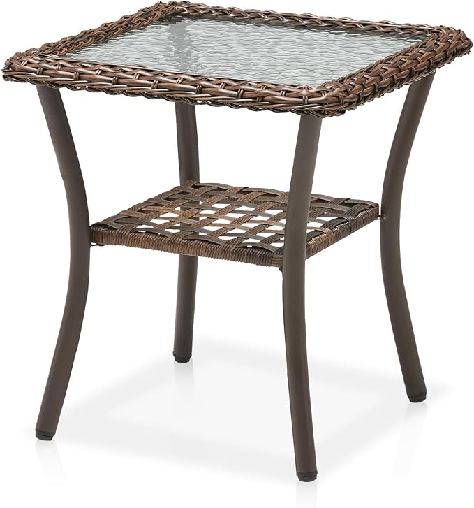 20x20x20 Outdoor Wicker Side Table, All-Weather Brown Rattan Small Patio Square End Table for Pool Balcony Deck Porch
