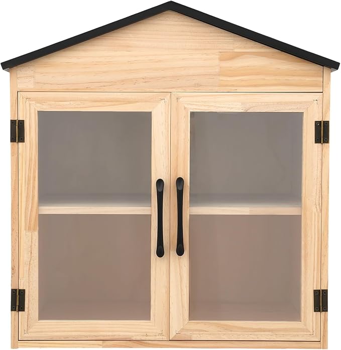Outdoor Wooden Book Cabinet with 4 Compartments and 2 Doors, 19.6" H x 14.2" W x 25.2" L Small House-Shaped Bookshelf, Book Box Storage for Home, School, Community (Wood Color + Black)