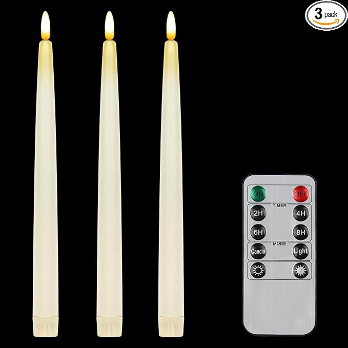 CVHOMEDECO. Flameless Taper Candles with 10-Key Remote, Battery Operated Led Flickering 3D Wick Window Candles Real Wax Finished Home Christmas Party Decor 0.78 x 11 Inch, Pack of 3, Ivory