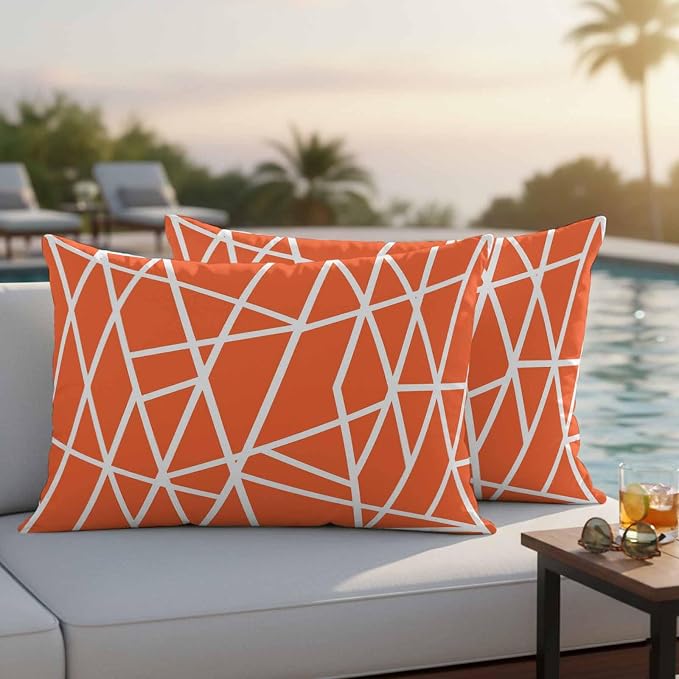 Outdoor Pillow Covers Waterproof, Orange Geometric Decorative Rectangle Throw Pillowcases Patio Cushion Covers for Tent/Garden, 20" x 12" 2 Pack, Abstract Stripes Modern Simple