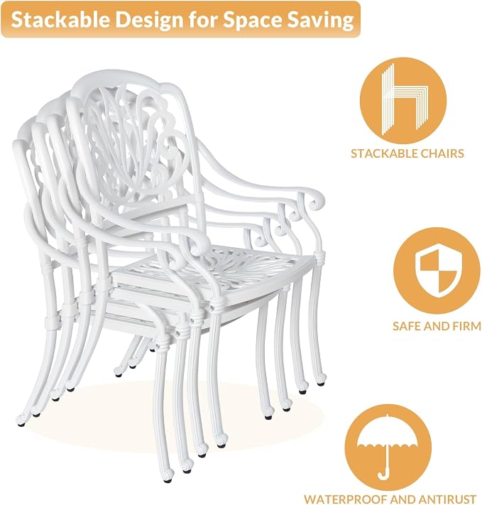 5-Piece Outdoor Patio Dining Set, All-Weather Cast Aluminum Patio Furniture Set for Backyard Garden Deck with 4 Chairs, 4 Cushions and 38.5” Round Table, 2.2" Umbrella Hole, White