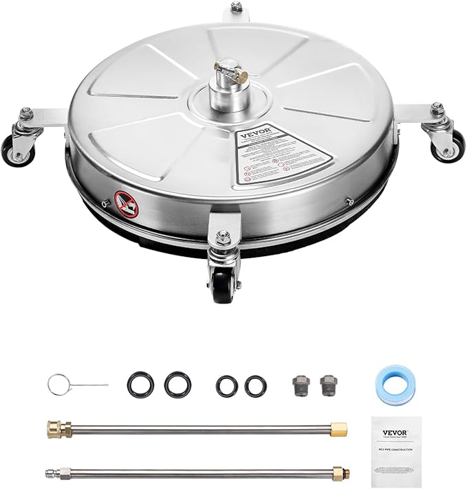 VEVOR 18 Inch Pressure Washer Surface Cleaner, 4000 PSI Stainless Steel Attachment with 4 Wheels, 2 Nozzles, 1/4 Inch Quick Connect and 2 Wands for Concrete, Patio, Deck