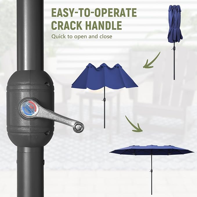 15ft Double-Sided Outdoor Patio Umbrella, Table Umbrellas with Steel Ribs, Easy Crank, Market Umbrella for Backyard & Pool