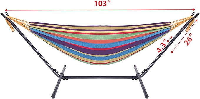 Outdoor Hammock with Stand, Space-Saving Mordern Hammock Swing, 250lbs Weight Capacity, Weatherproof Fabric & Metal, Quick Setup and Takedown, include Storage Bag, Hamaca Con Soporte, Colorful Stripes