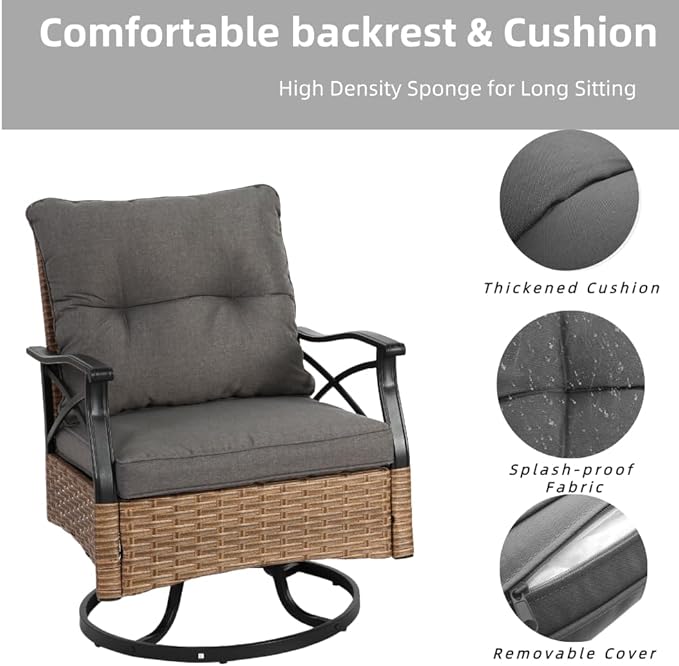 Outdoor Swivel Rocker Chairs Set 3 with 1 Table and 2 Rocking & Swivel Chairs, Brown Wicker Outdoor Furniture Patio Conversation Set