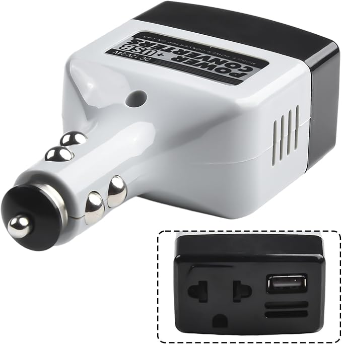 Car Power Inverter 12V/24V to 220V DC to AC Converter Adapter with USB Port for Car RV Boat Travel Home Appliances ABS Flame Retardant Plastic Black 1 Pack