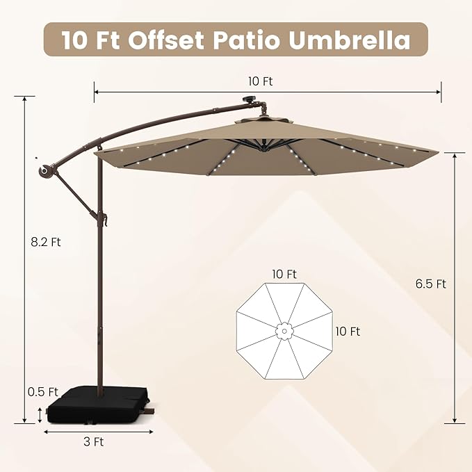 Tangkula 10FT Offset Patio Umbrella with Base Included, Outdoor Cantilever Umbrella with 40 Solar LED Lights, Tilt Adjustment, Crank Handle, Vented Top, Sand Bags for Pool Yard Deck (Tan)