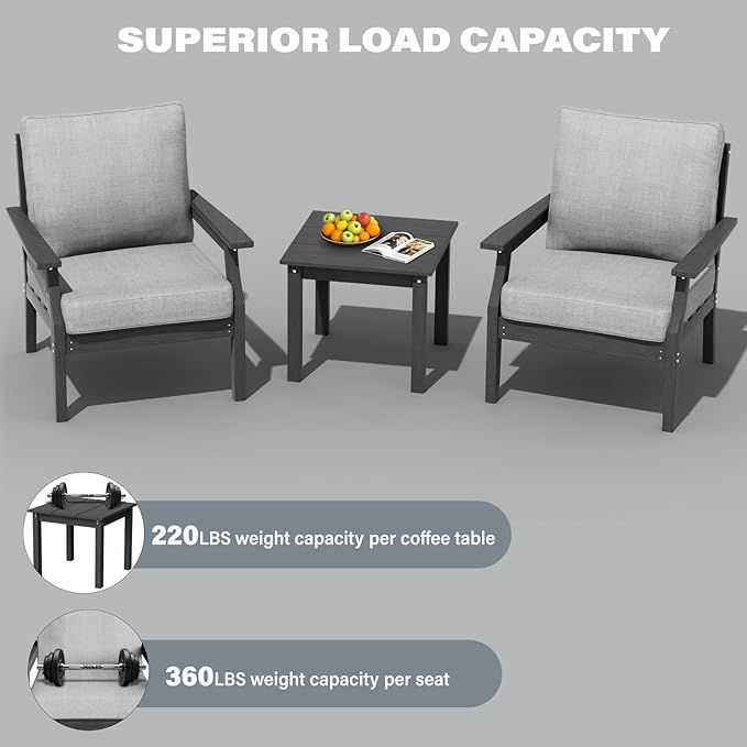 HDPE Patio Conversation Set, 3-Piece All Weather Outdoor Furniture Set with 2 Single Sofas for Deck, Lawn, with Cushion, Gray