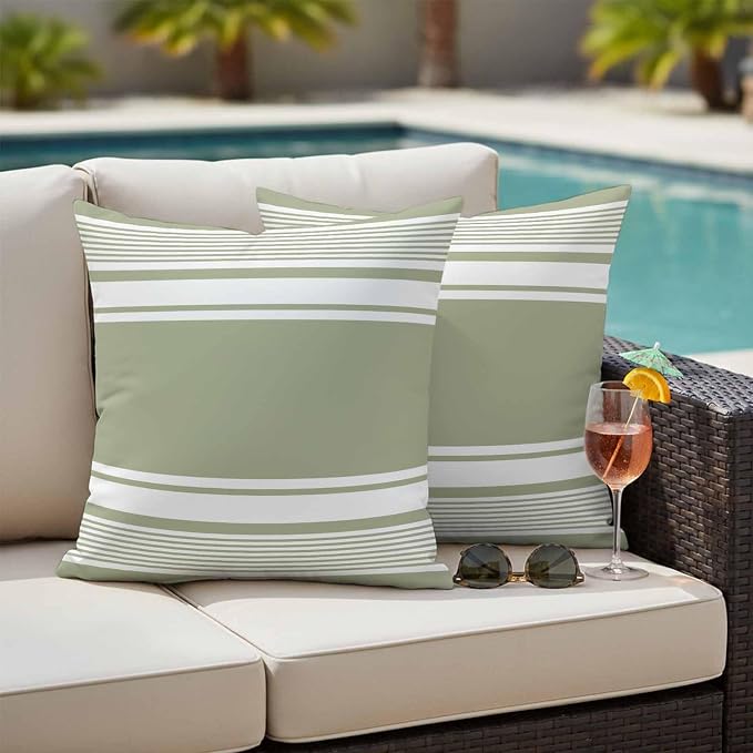 Outdoor Waterproof Throw Pillow Covers, Sage Green Striped Decorative Pillow Cases, Modern Color Block Farmhouse Stripes Couch Pillow Protector Patio Sofa Cushion Covers Replacement 24"x24" 2 Pack
