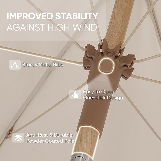 Tempera Heavy Duty High Wind Beach Umbrella with Sand Anchor & Carry Bag | Patio Outdoor Umbrella with Aluminum Frame and Push Button Tilt, Ideal for Travel Garden Lawn, UPF 60+