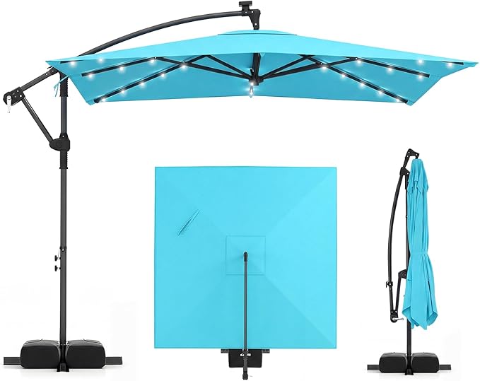 Tangkula 8x8 FT Solar Patio Umbrella with Base Included, Square Offset Cantilever Outdoor Umbrella with 360 Degree Rotation, 32 LED Lights, Crank Handle, 2 Sandbags, 8 Ribs, Air Vent for Pool Deck Garden Backyard