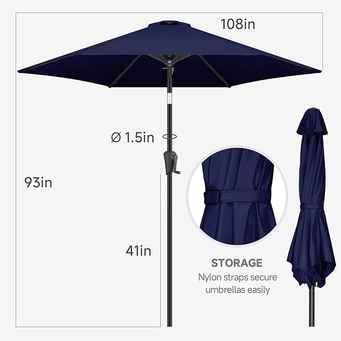 FLAME&SHADE 9ft Patio Umbrella Outdoor - Table Umbrella with Push Button Tilt and Crank, UV Protection, 6 Sturdy Ribs, Market Umbrella for Garden, Deck, Backyard, Lawn, Pool and Beach(Navy Blue)