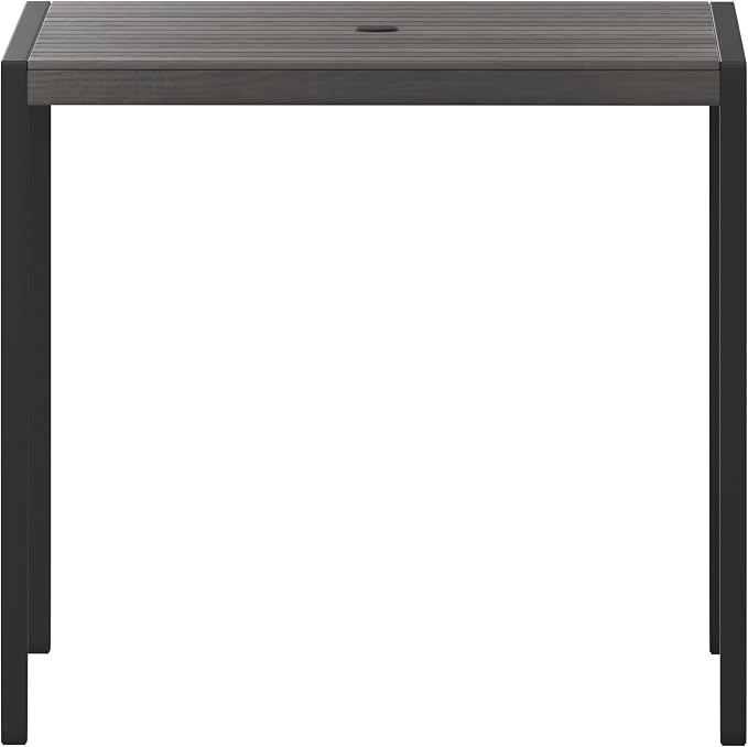 Flash Furniture Outdoor Steel Dining Table - Gray Wash Faux Teak Poly Slatted Top - Commercial Grade Dining Table with Black Frame - 35" Square - Umbrella Holder Hole