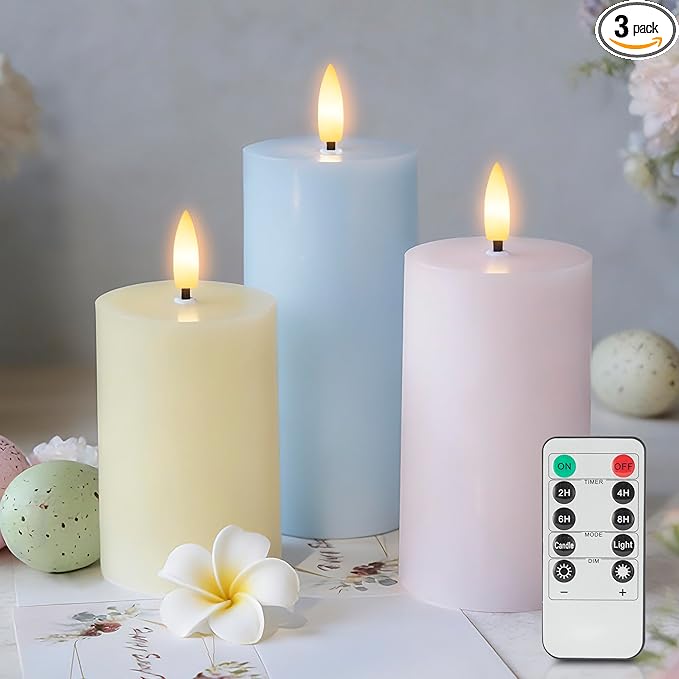 Flameless Easter Candles with Remote, Battery Operated Pastel Spring Candles for Home & Table Decor, Realistic Flickering LED Pillar Candles for Easter & Spring Decor Set of 3