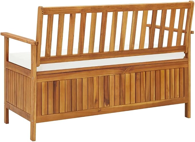 Patio Storage Bench with Cream White Cushion, Outdoor Wooden Deck Box, Solid Wood Patio Furniture for Outdoor Cushions, Pool Storage and Garden Tools, 47.2"x24.8"x33.1", -328