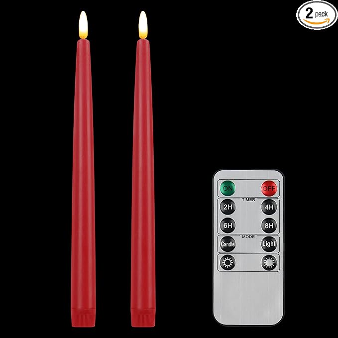 CVHOMEDECO. Flameless Taper Candles with 10-Key Remote, Battery Operated Led Flickering 3D Wick Window Candles Real Wax Finished Home Christmas Party Decor 0.78 x 11 Inch, Pack of 2 Red