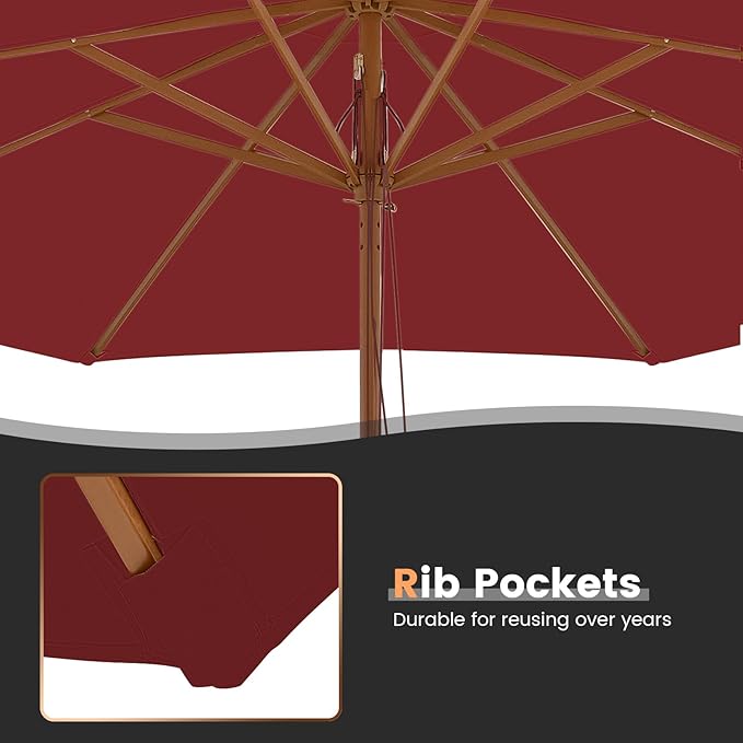 Tangkula 10FT Patio Umbrella, Outdoor Table Market Umbrella w/8 Wooden Ribs, 3 Adjustable Heights, Rope Pulley System, Detachable Pole, Wooden Patio Umbrella for Garden, Poolside, Backyard (Burgundy)