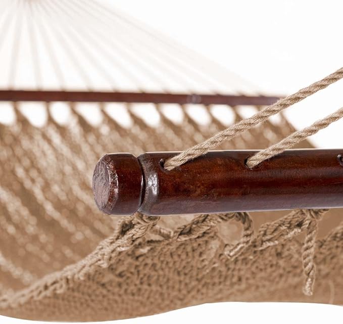 Lazy Daze Hammocks 10.5 FT Double 2 Person Caribbean Rope Hammock, Hand Woven Polyester Hammock with Spreader Bars, for Outside Outdoor Backyard Patio Poolside, 450 LBS Capacity, Tan
