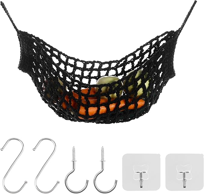 Fruit Vegetable Hammock, 1 Set Black Handmade Macrame Fruit Hammock with Hooks Cotton Fruit Holder Net Under Cabinet Hanging Fruit & Veggie Basket for Saving Kitchen Space
