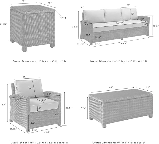 Crosley Furniture Bradenton 5-Piece Outdoor Sofa Patio Furniture Set, Wicker Conversation Sets for Porch, Brown with Sand Cushions