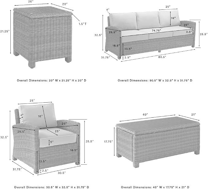 Crosley Furniture Bradenton 5-Piece Outdoor Sofa Patio Furniture Set, Wicker Conversation Sets for Porch, Brown with Navy Cushions