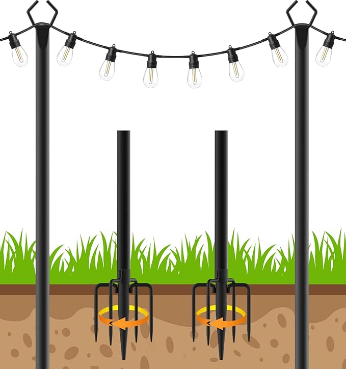 LETIANPAI 10Ft String Light Poles 2 Pack,Light Poles for Outside Lights,Outdoor with Fence Brackets Hanging Lights,Metal Stand Deck Patio Backyard