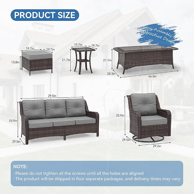 Kurapika 7-Piece Patio Furniture Set, Wicker Thick-Backed Outdoor Swivel Rocking Chair, Includes Coffee Table and Thick Cushions, Conversation Set for Porch,Patio, Gray