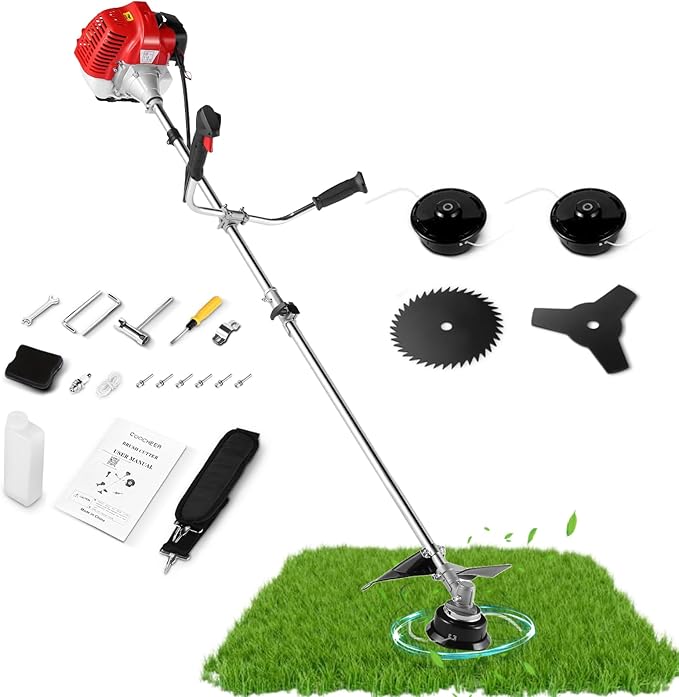58CC Brush Cutter Gas Powered 2-Cycle 4 in 1 Gas Weed Wacker 18.5" Cutting Path Gas Weed Eater with 4 Detachable Heads Straight Shaft String Trimmer Grass Cutter Machine for Weeds and Grass, Red