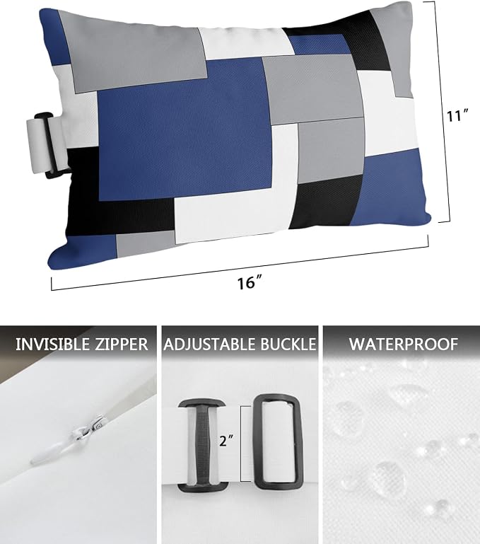 Outdoor Pillows Covers with Inserts Abstract Art Patchwork Black and Navy blue Waterproof Recliner Pillow with Adjustable Strap Throw Pillows for Patio Furniture Pool Lounge Chair, 11x16 inch, 1PCS
