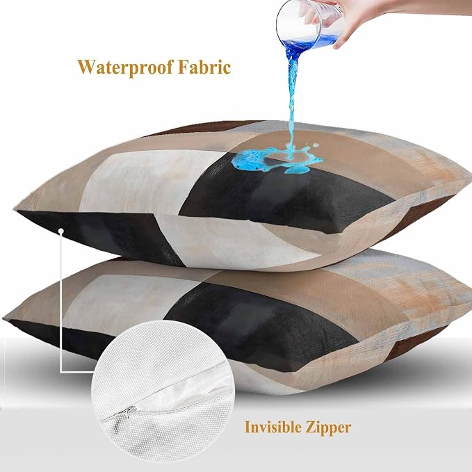 Abstract Ombre Brown Black White Outdoor Waterproof Throw Pillow Covers Set of 2, 24"x24", Modern Art Gradient Decorative Pillow Covers Outside Cushion Case for Patio Porch Garden
