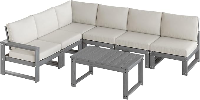 Outdoor Furniture, 7-Piece Patio Furniture Set with Cushions,HDPE Outdoor Couch Sets 6 Seats, L Shaped Patio Sectional Sofas for Porch, Backyard, Deck, Grey