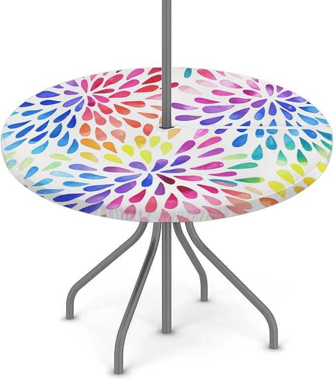 Colorful Fitted Round Tablecloth with Umbrella Hole and Zipper Spring or Summer Floral Outdoor Elastic Table Cloth 36"-44" Oil-Proof Waterproof Patio Table Cover for Picnic Party