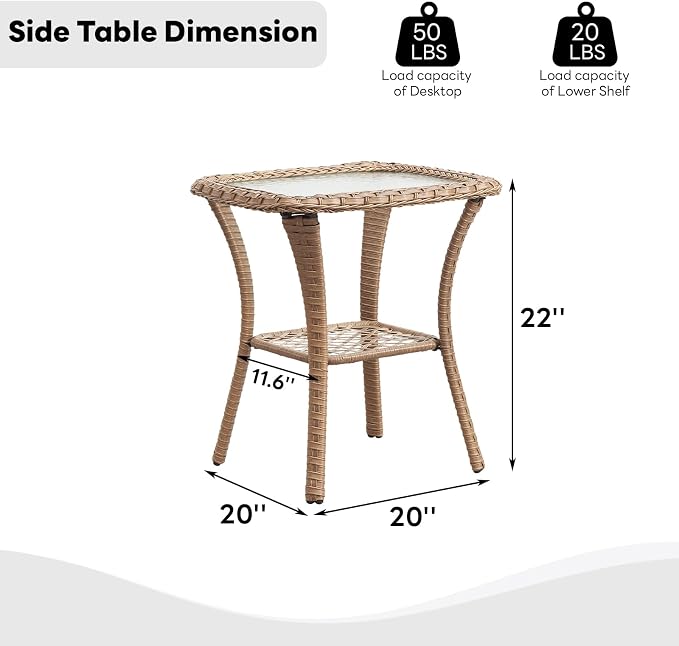 Belord Small Outdoor Side Table - 50 LBS Weight Capacity Wicker Side Table with Storage, Tempered Glass Top Patio Side Table for Porch Balcony Deck Yellow