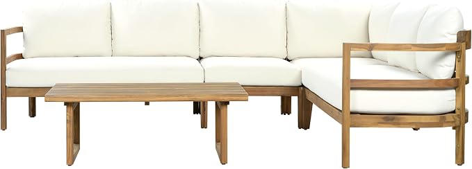 Christopher Knight Home Outdoor Acacia Wood 5 Seater Sectional Sofa Set with Thick Cushions Patio Conversation Set Modular Outdoor Seating with Coffee Table for Patio Deck Balcony Garden