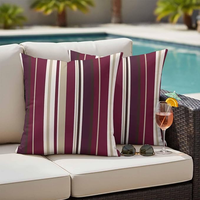 Outdoor Waterproof Throw Pillow Covers Set of 2 Red Striped Pillowcases 18x18 Inches Geometric Beige Stripes Decorative Pillows Cushion Case Patio Pillows for Couch Bed Chair Garden