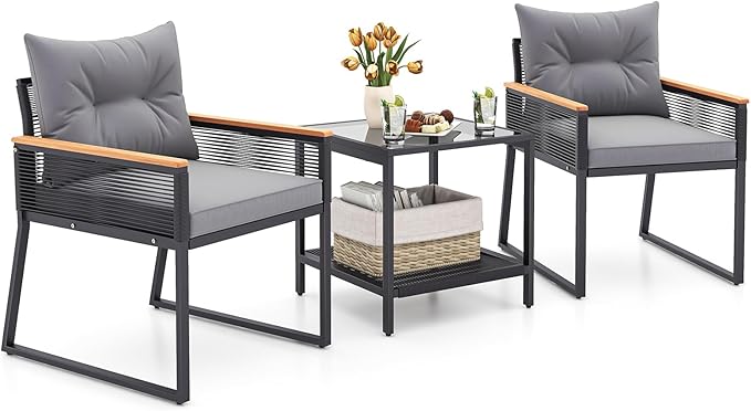 Tangkula 3 Piece Outdoor Conversation Set, Patio Rattan Cushioned Armchairs and Table, with Heavy Duty Metal Frame and Acacia Wood Armrests, for Front Porch, Poolside