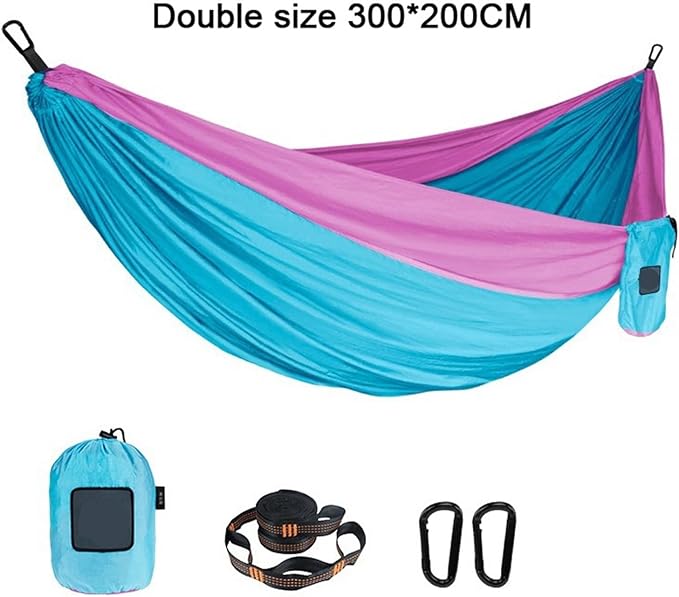 Portable Nylon Parachute Fabric Single and Double Size Outdoor Camping Hiking Garden Hammock(Double Blue Pink)