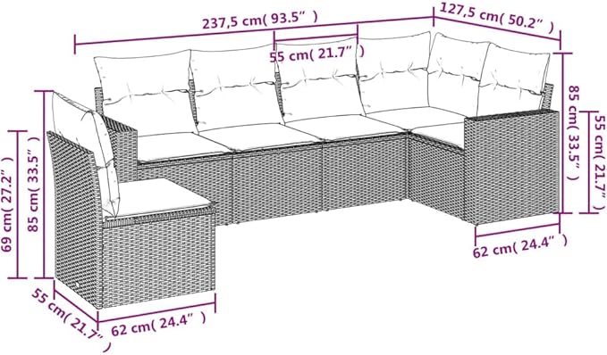 6 Piece Patio Sofa Set with Cushions, Porch Furniture Set Garden Lounge Set Patio Conversation Set Front Porch Furniture for Exhibition Negotiation Area Garden Piazza Black Poly Rattan