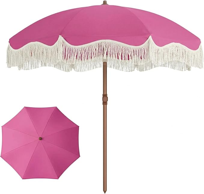 7ft Patio Umbrella with Fringe, Boho Beach Umbrellas, Outdoor Tassels Umbrellas with Push Button Tilt & Carrying Bag, 8 Windproof Fiberglass Ribs, UPF50+