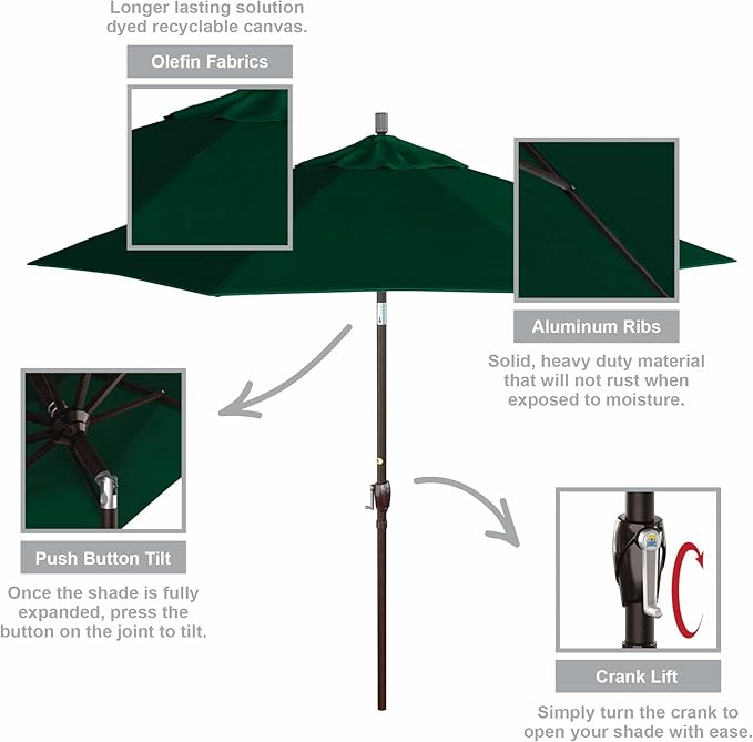 California Umbrella 9' Round Aluminum Market Umbrella, Crank Lift, Push Button Tilt