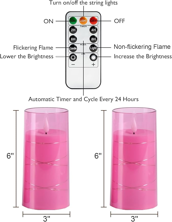 Homemory Flameless Pink Candles with Embedded Star String Fairy Lights, Battery Operated Candles, LED Candle, Fake Candles with Remote Control and Timer, Set of 2(H 6" 6")