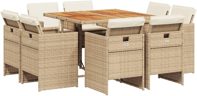 9-Piece Patio Dining Set with Cushions Beige Poly Rattan Outdoor Furniture Set for Garden Backyard Balcony Porch
