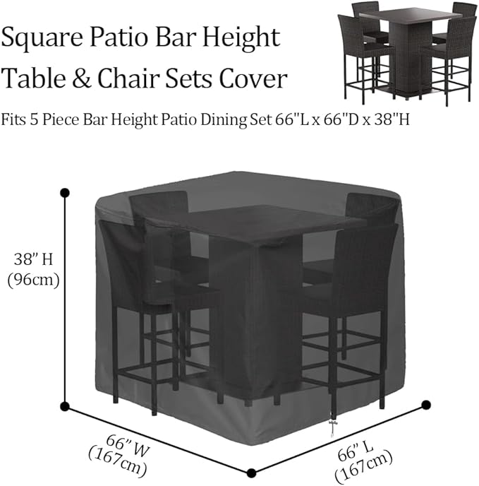 5 Piece Bar Height Patio Dining Set Covers Waterproof Outdoor 66 Inch Square Patio Furniture Bar Height High Top Bistro Table & Chair Sets Winter Cover, Black