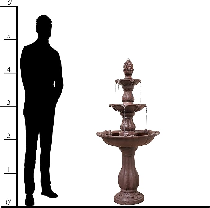XBrand 3-Tier Water Fountain w/Pump & Pineapple Top, 51 Inch Tall, Brown, Large Outdoor Freestanding Waterfall Decor for Porch, Lawn and Garden